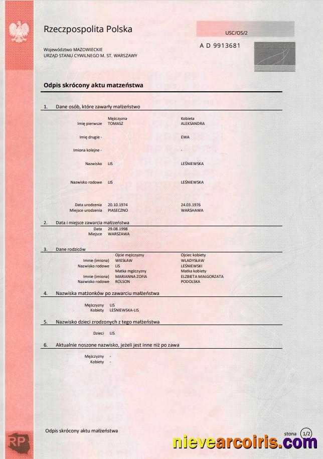 Poland marriage certificate, pink